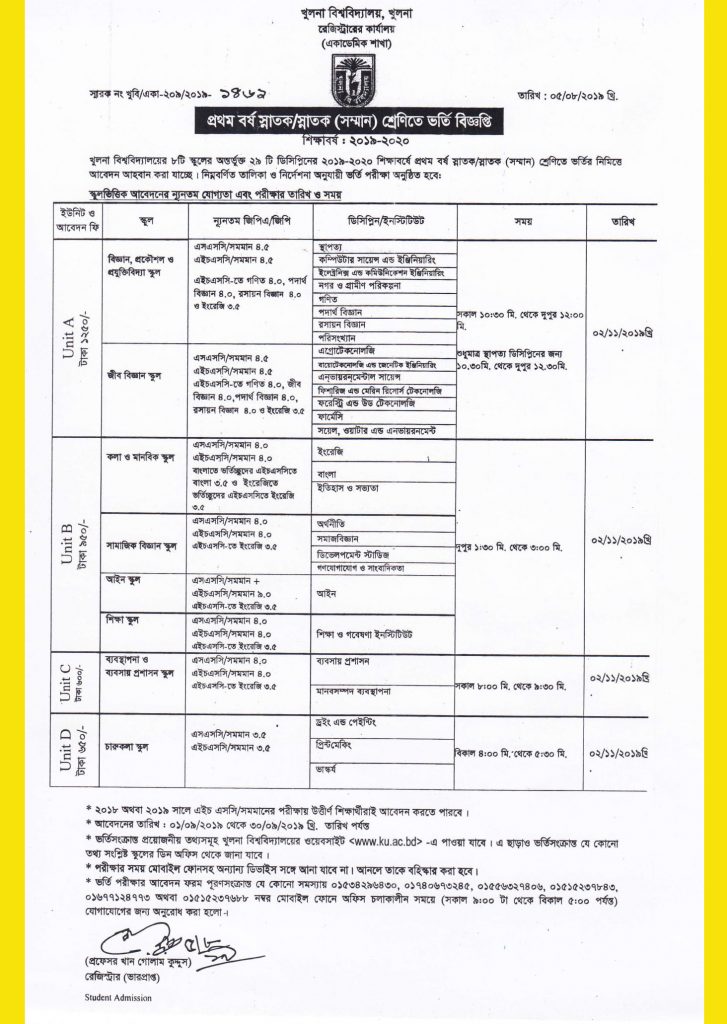 Khulna university admission circular 2019-20