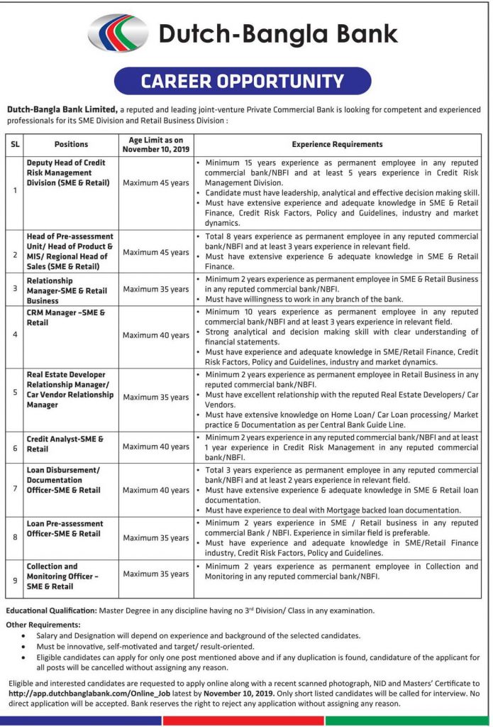 Dutch Bangla Bank Ltd. Job Circular 2019